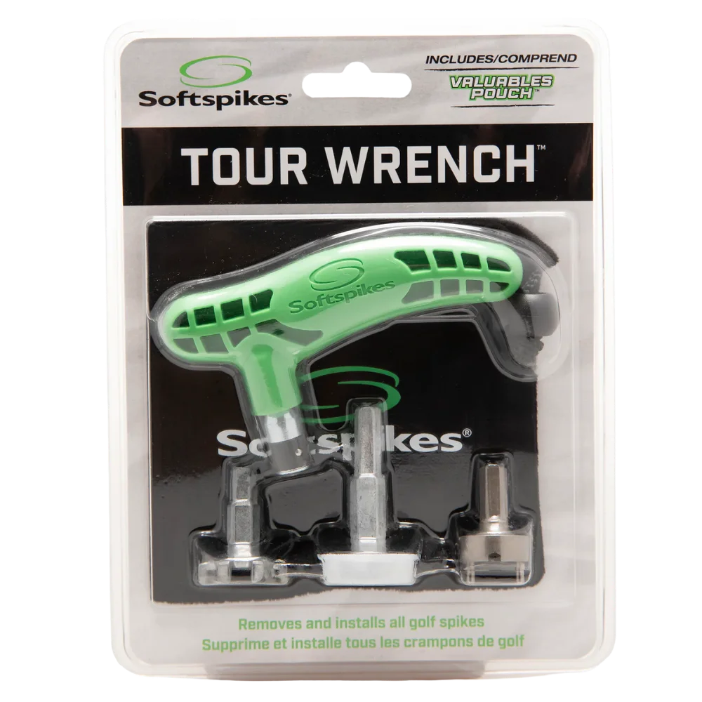 Softspikes Tour Wrench packaging with green tool and branding on a white background