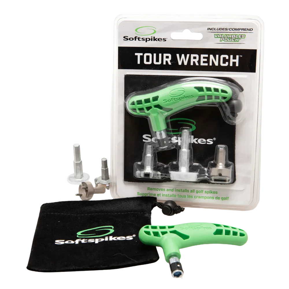 Green golf spike wrench with packaging and accessories on a white background