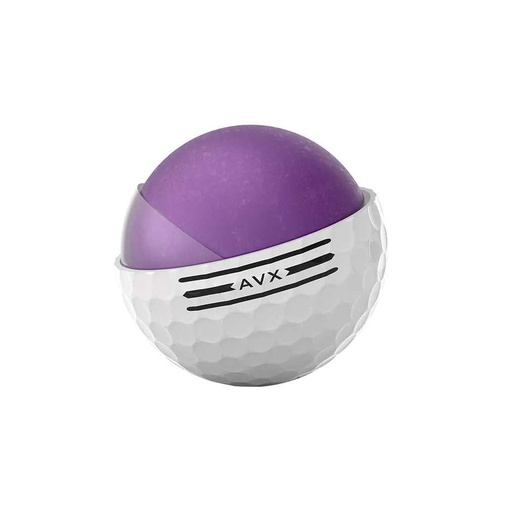 Cut away of a Titleist golf ball with purple insides and 'AVX' branding on a white background