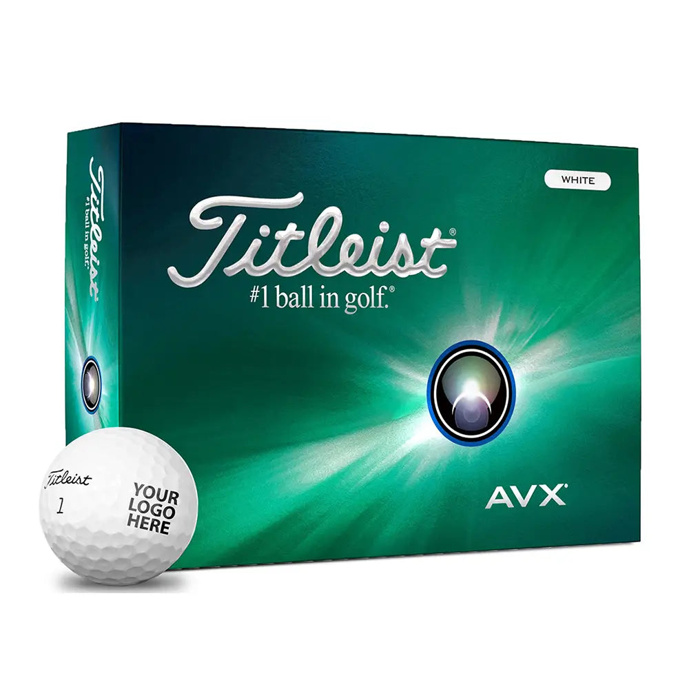 Titleist AVX golf ball packaging with a golf ball in front on a white background