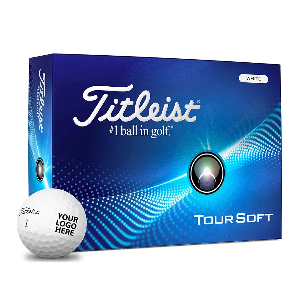 Titleist Tour Soft golf ball box with a golf ball in front on a white background