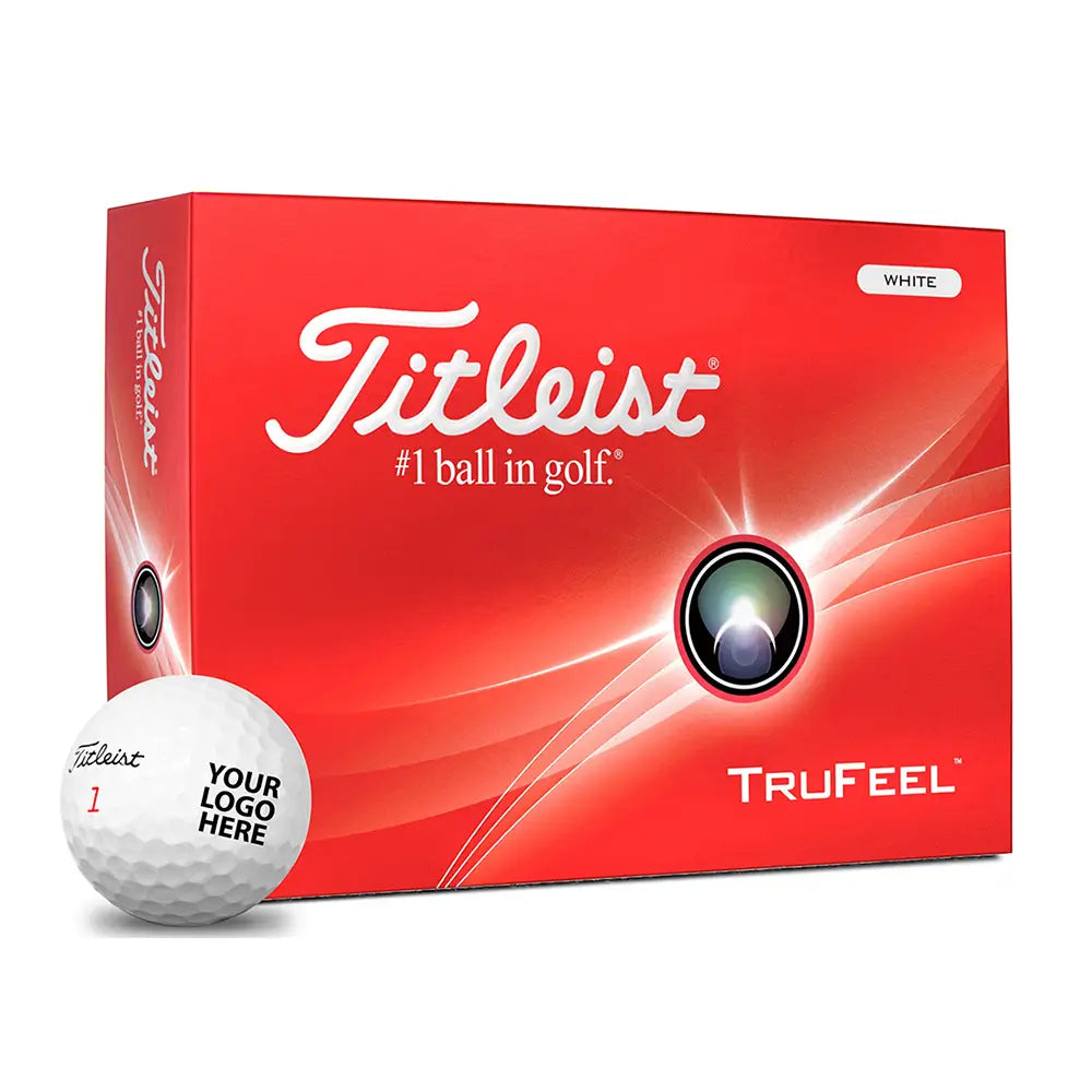 Titleist golf ball box with a white golf ball in front on a white background
