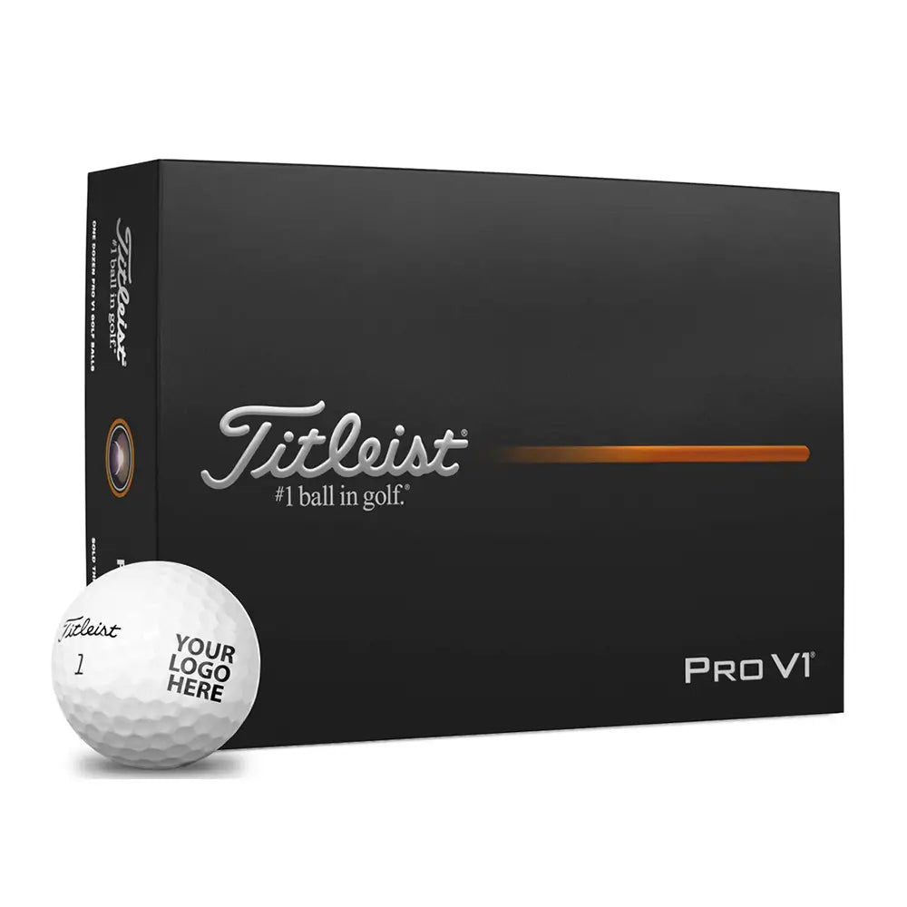 Titleist Pro V1 golf ball packaging with a white golf ball in front on a white background