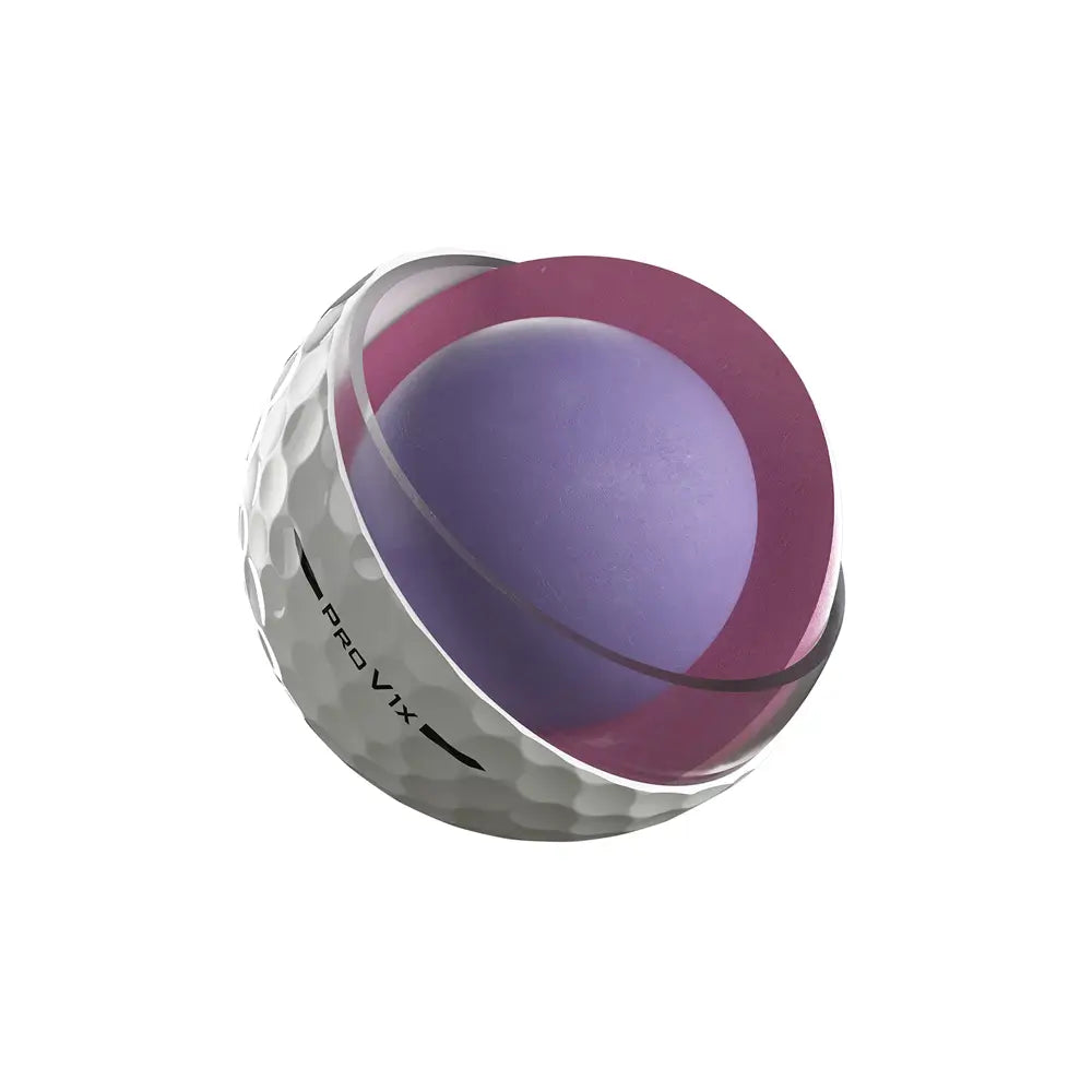 Cutaway of a Titleist golf ball to show a purple interior on a white background