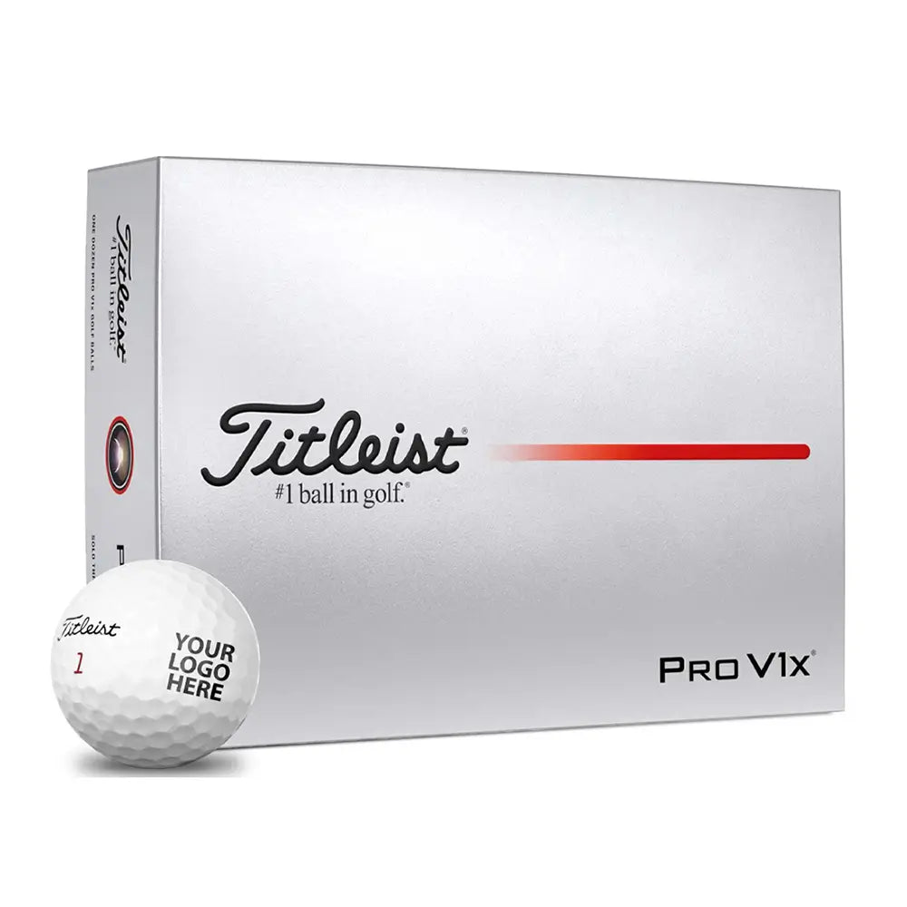 Titleist Pro V1x golf ball box with a golf ball in front on a white background
