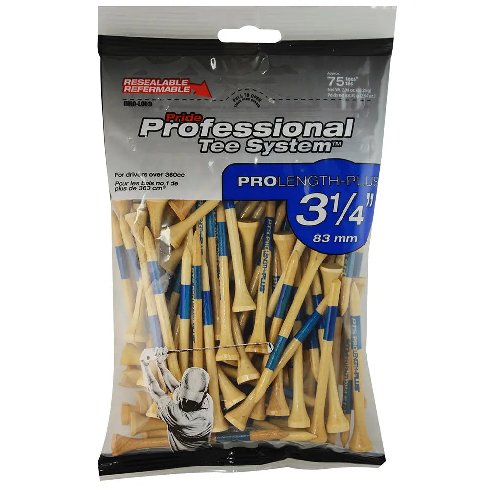 Pack of golf tees with packaging labeled 'Pride Professional Tee System' on a white background.