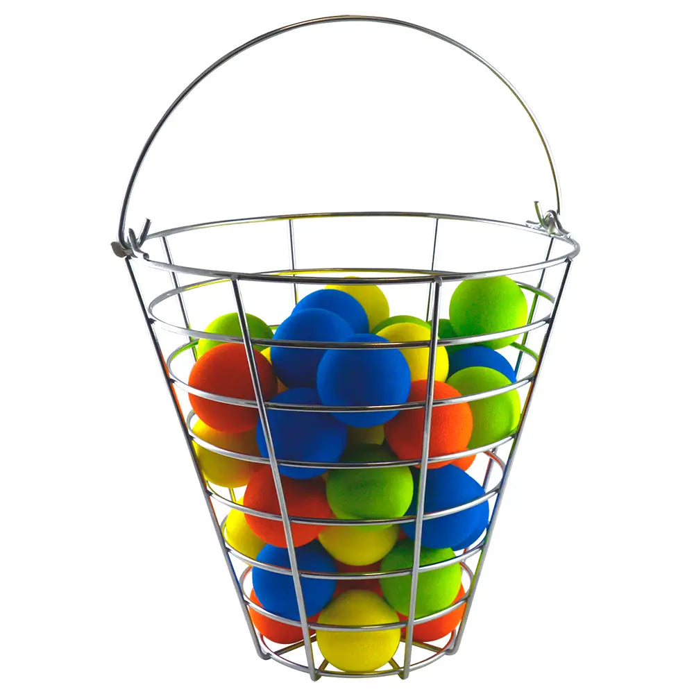 Metal basket filled with colorful balls on a white background