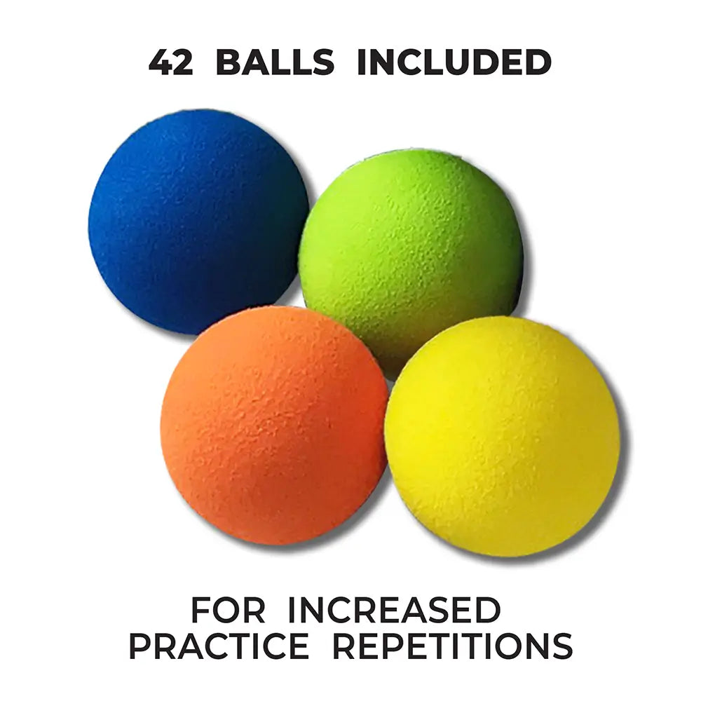 Four colorful balls (blue, green, orange, yellow) on a white background with text indicating quantity and purpose.