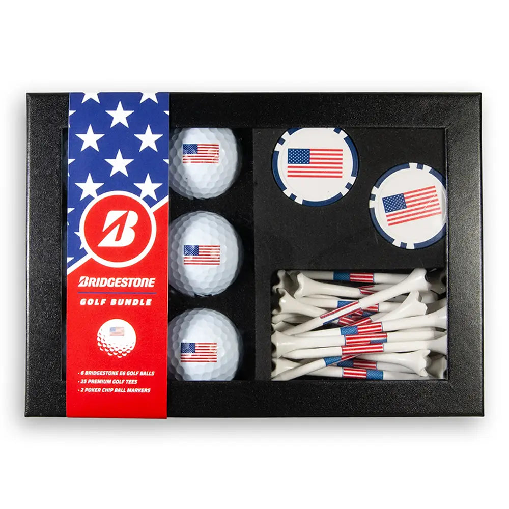 Golf bundle with golf balls, tees, and markers with flag prints in a box