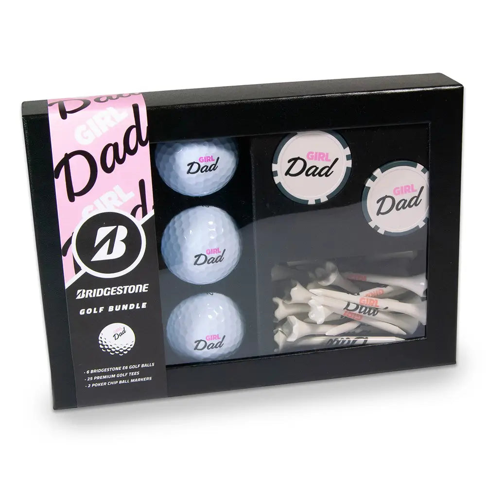 Golf bundle set with golf balls and tees in a box, featuring 'Girl Dad' labels.