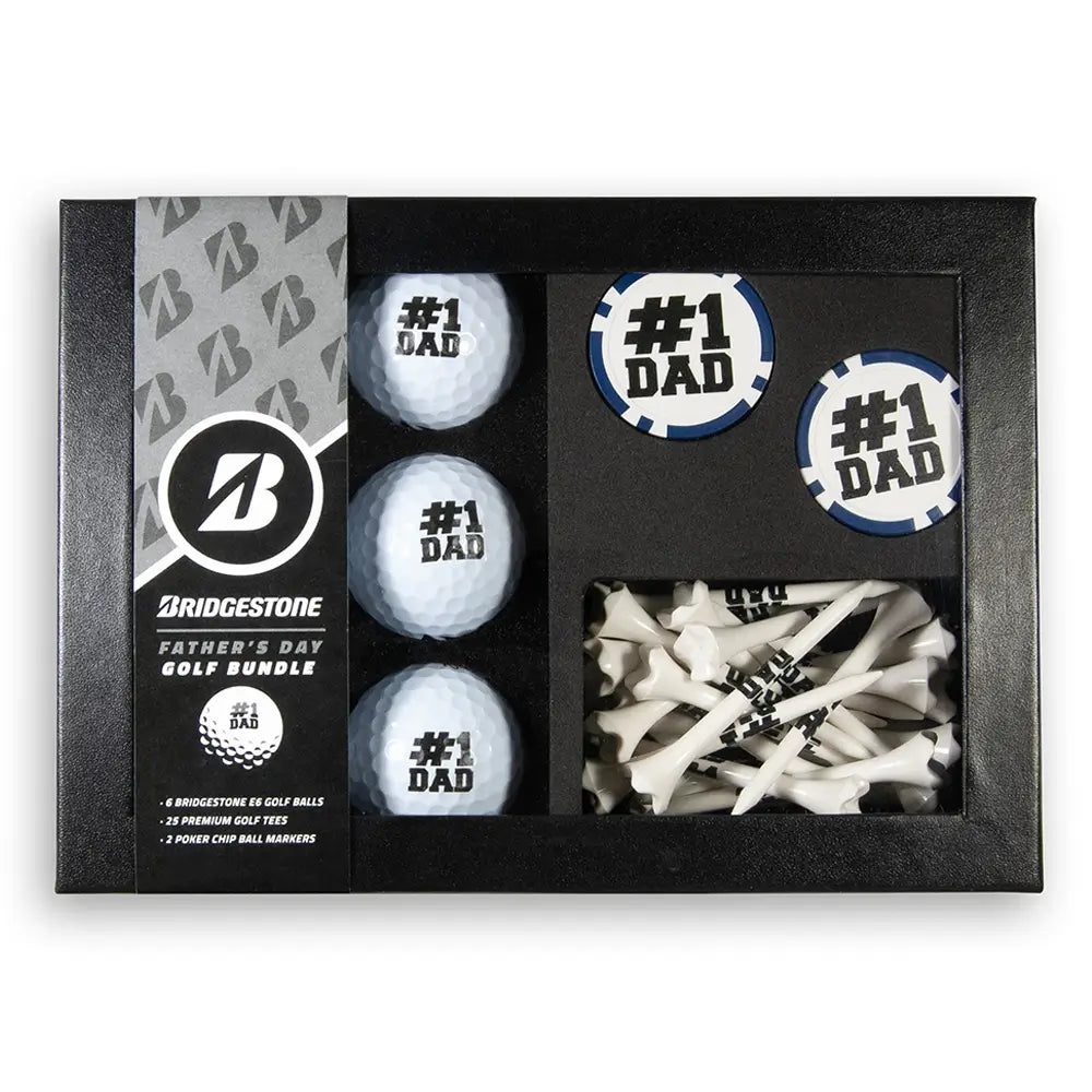 Golf ball and tee set with '#1 Dad' markers in a Bridgestone branded box.