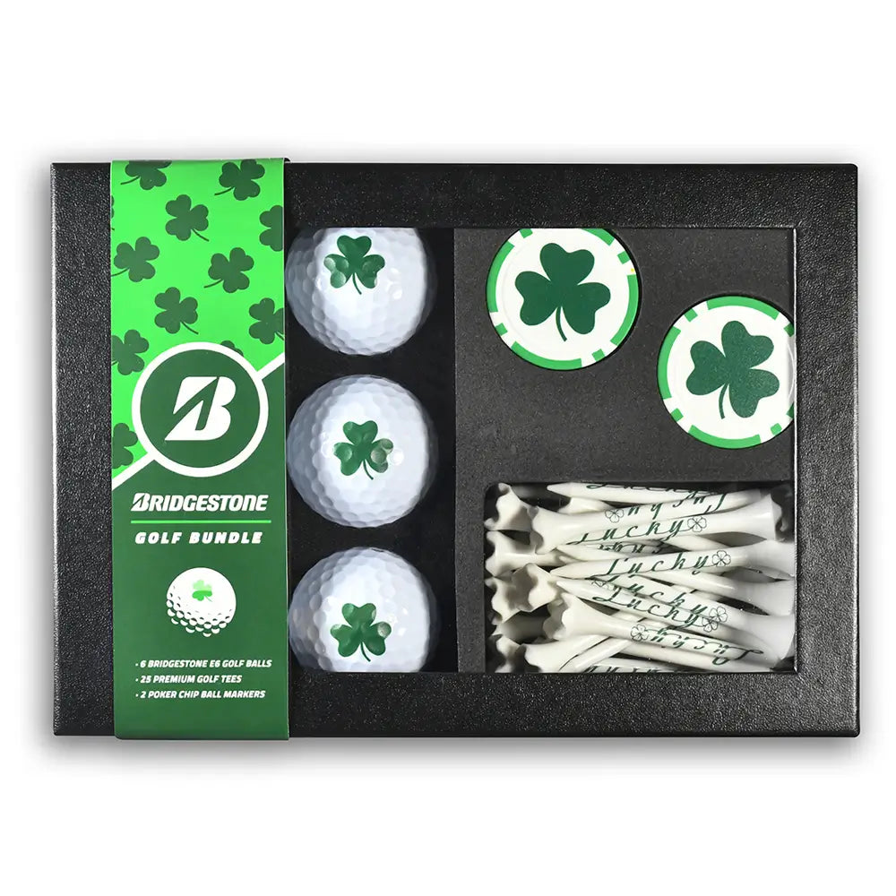 Golf bundle with Bridgestone golf balls, tees, and markers in a black box.