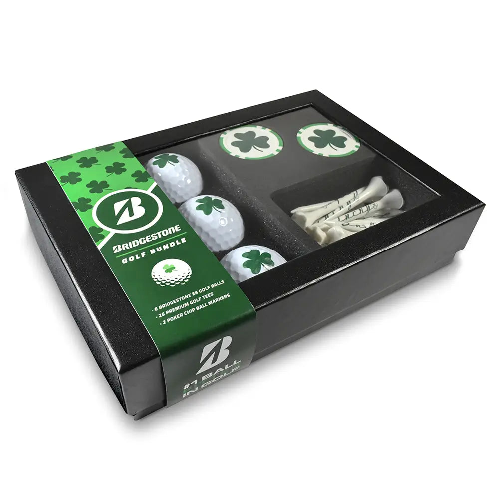 Bridgestone golf bundle with golf balls, tees, and ball markers in a box