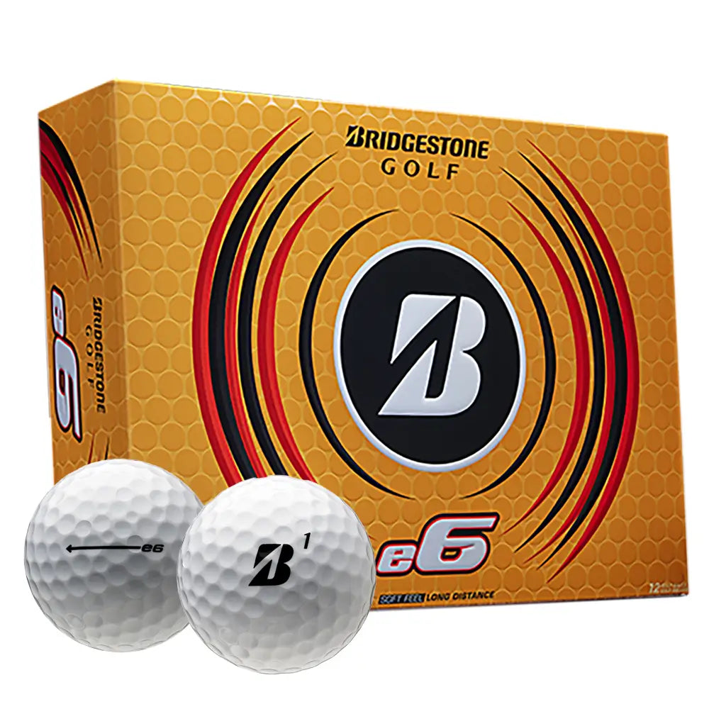Bridgestone e6 golf balls with packaging on a white background