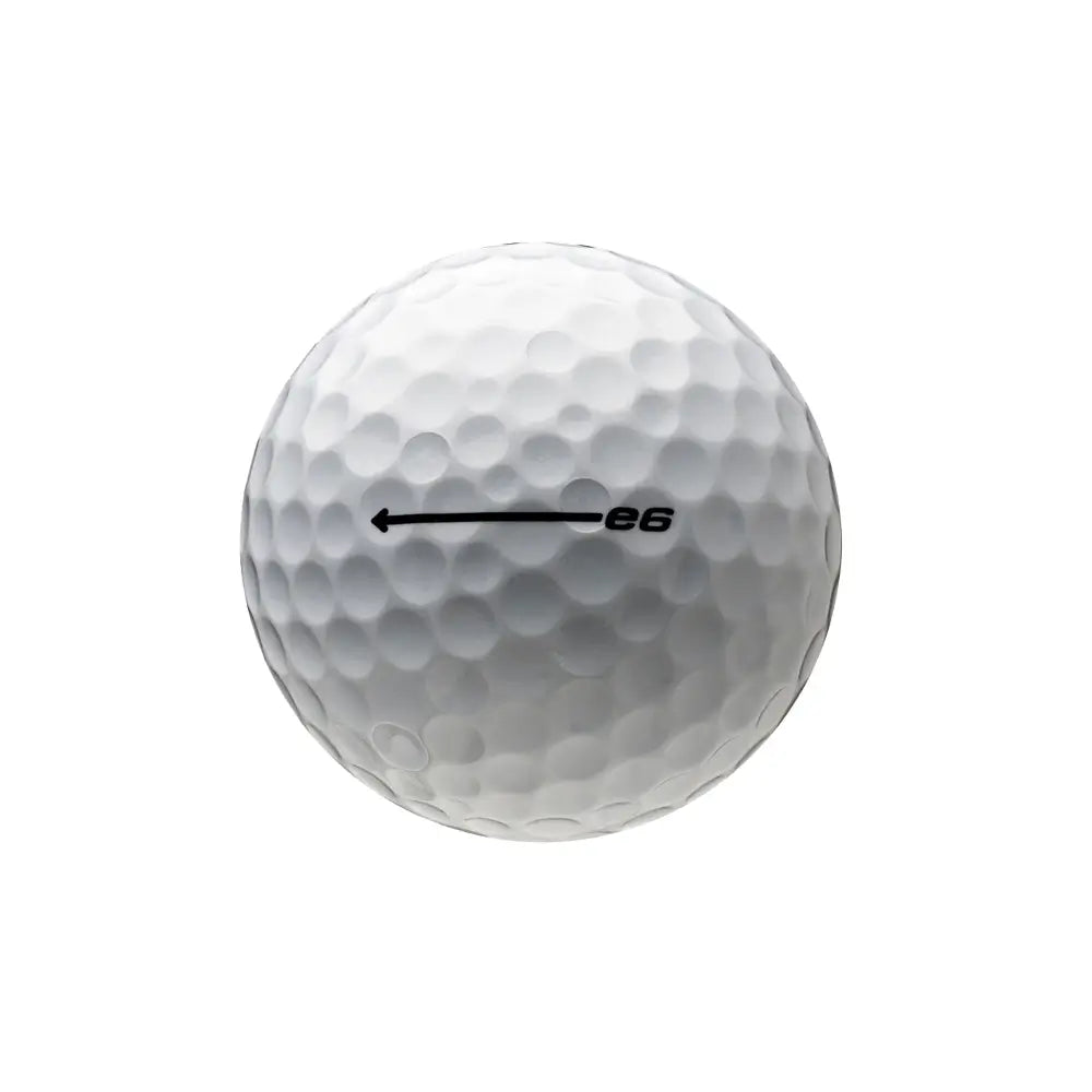 White golf ball with a black 'e6' and an arrow on a white background