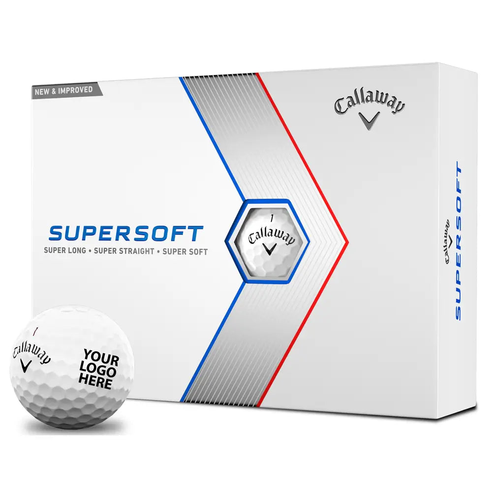 Callaway Supersoft golf ball packaging with a golf ball in front on a white background