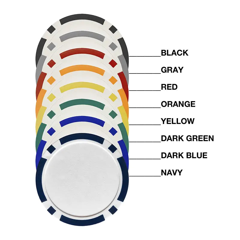 A variety of differently colored poker chips on a white background.