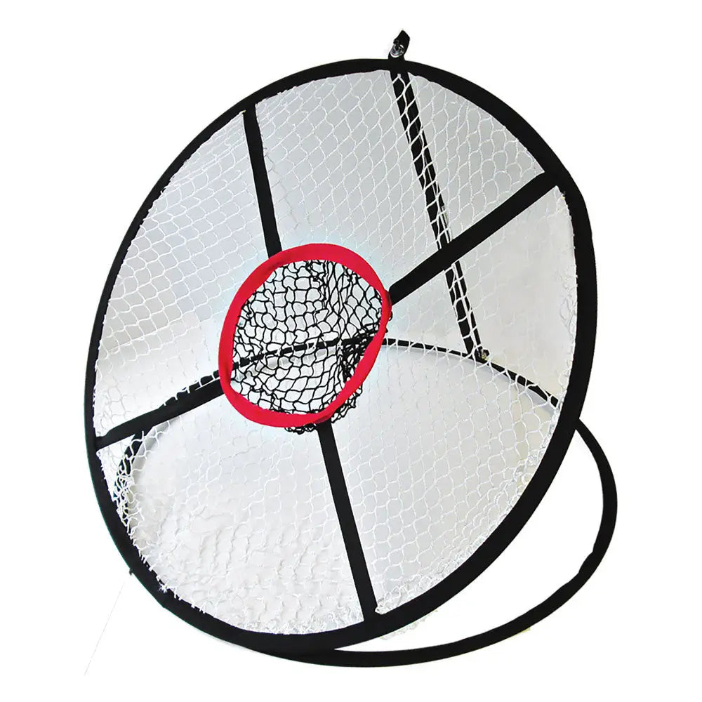 Golf practice chipping net with red center circle on a white background