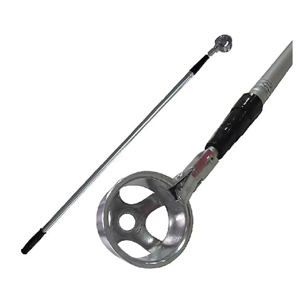 Extendable metal arm with golf ball retriever on one end and a black handle at the other on a white background