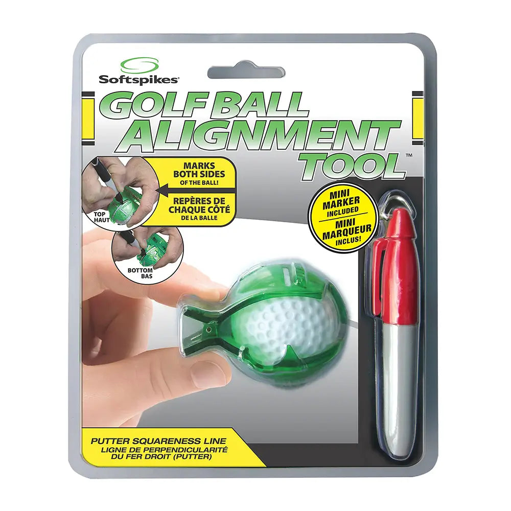 Golf ball alignment tool packaging with green golf ball and red marker on a white background