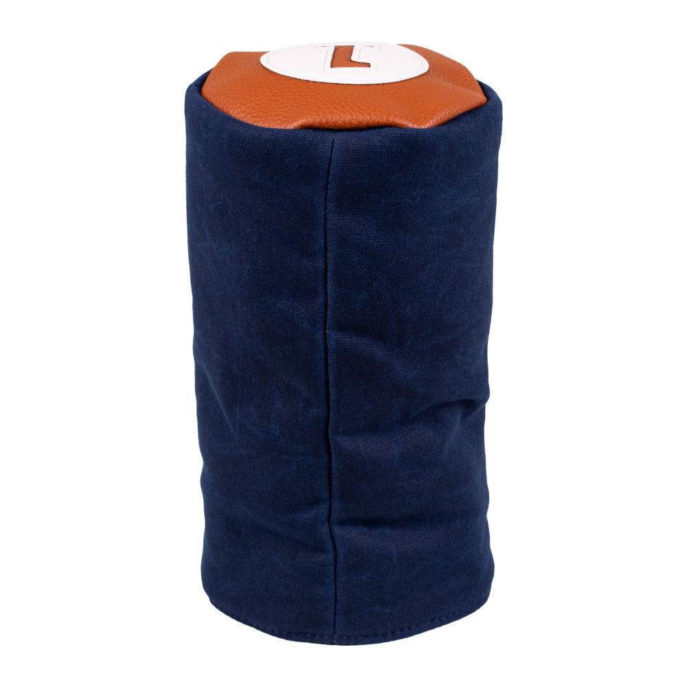 Barrel Driver Headcover, a cylindrical waxed canvas golf club cover with a dark blue body, a brown top, and a white circular patch featuring the letter L.