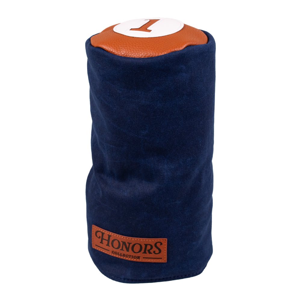 Barrel Driver Headcover, a cylindrical blue waxed canvas golf club cover with a brown leather top marked with the number 1 and an embossed Honors Collection patch at the base.