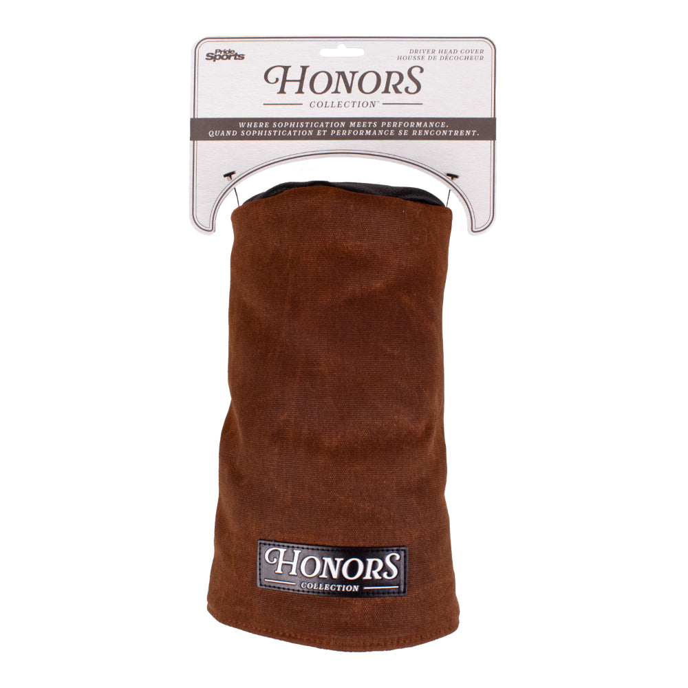 Brown waxed canvas Barrel Driver Headcover with a black label reading Honors Collection, displayed on a retail backing card.