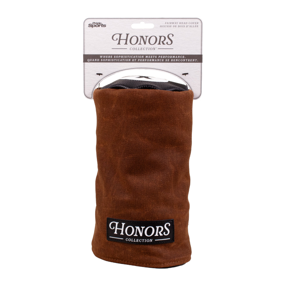 Barrel Fairway Wood Headcover in brown waxed canvas with a black Honors Collection patch, displayed in its retail packaging.