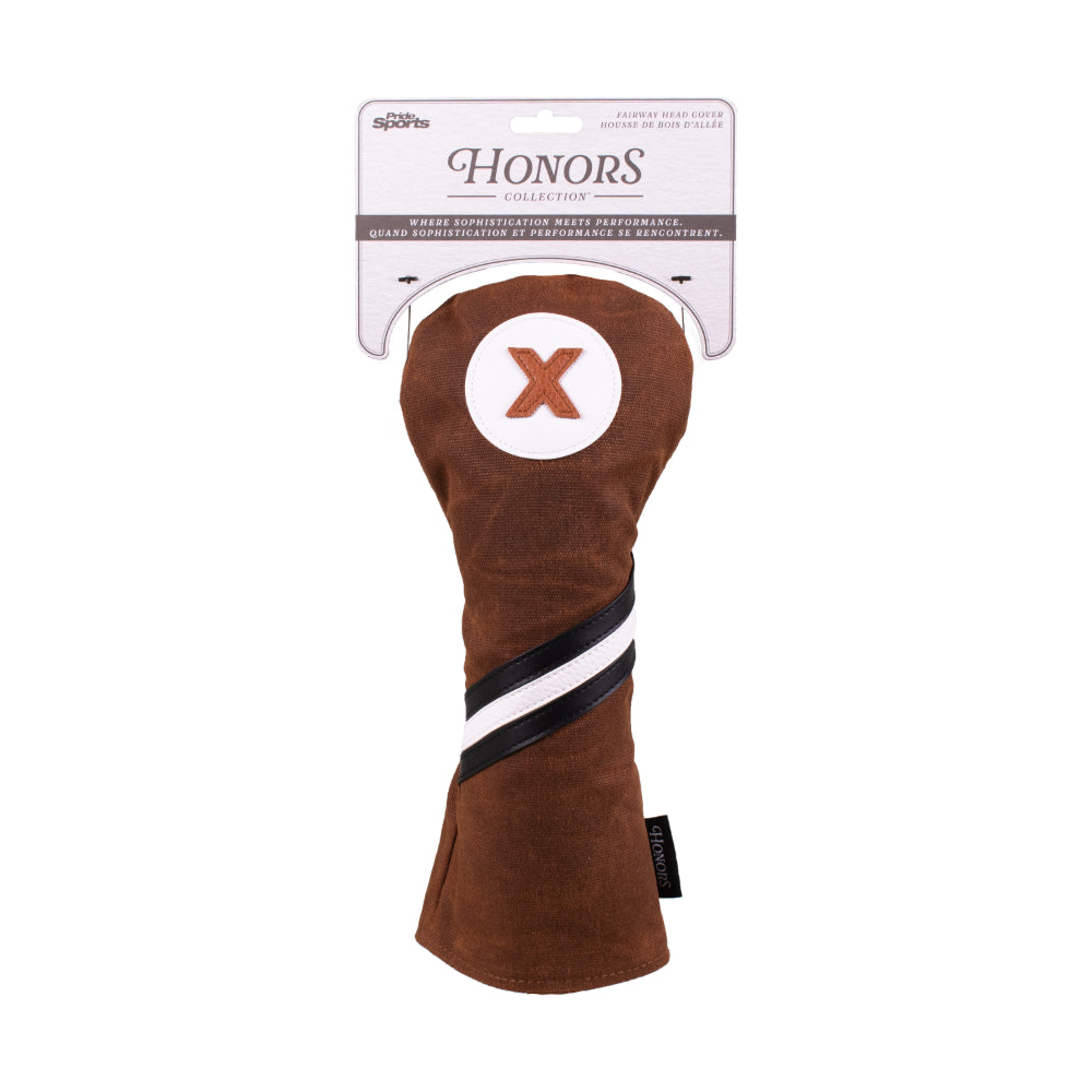Traditional Fairway Wood Headcover with Stripe in brown waxed canvas, featuring a white circular patch with the letter X and two diagonal black and white stripes near the base.
