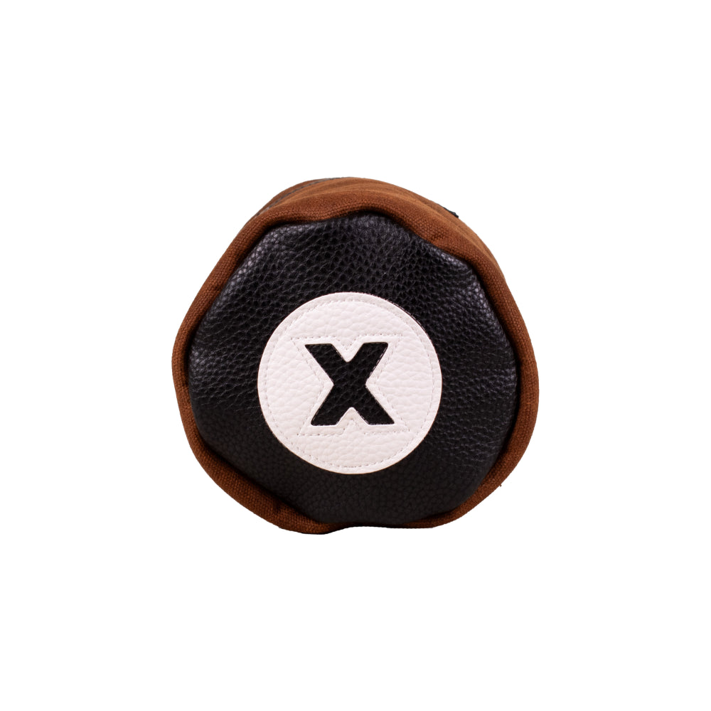 Top-down view of a Barrel Fairway Wood Headcover featuring a black circular patch with a white X on a textured black background, bordered by brown fabric.