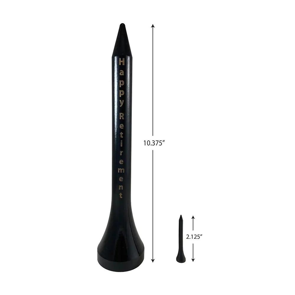 Large black golf tee with custom engraving shown next to a typically sized golf tee with measurement markings to define difference