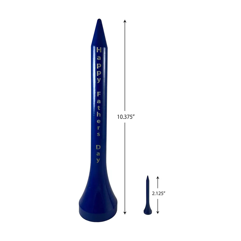 Large blue golf tee with custom engraving shown next to a typically sized golf tee with measurement markings to define difference