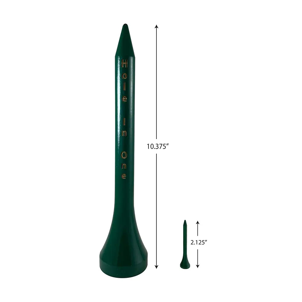 Large green golf tee with custom engraving shown next to a typically sized golf tee with measurement markings to define difference