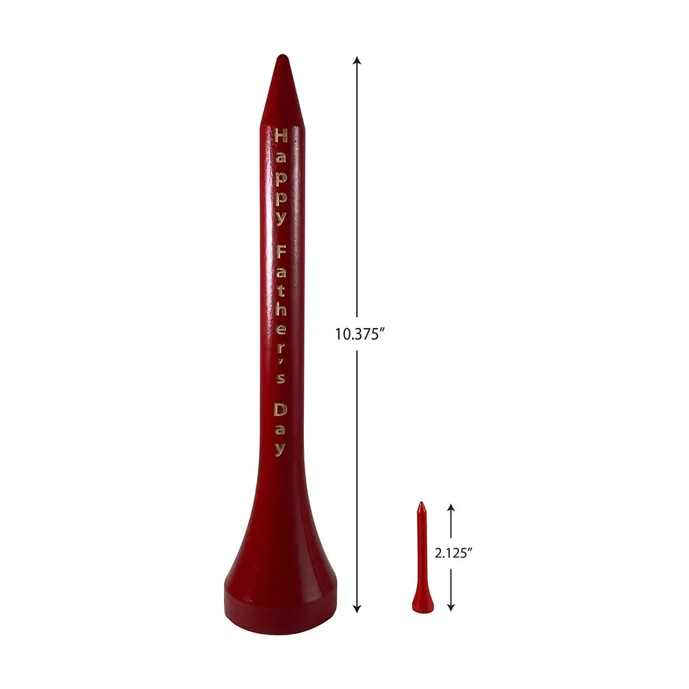 Large red golf tee with custom engraving shown next to a typically sized golf tee with measurement markings to define difference
