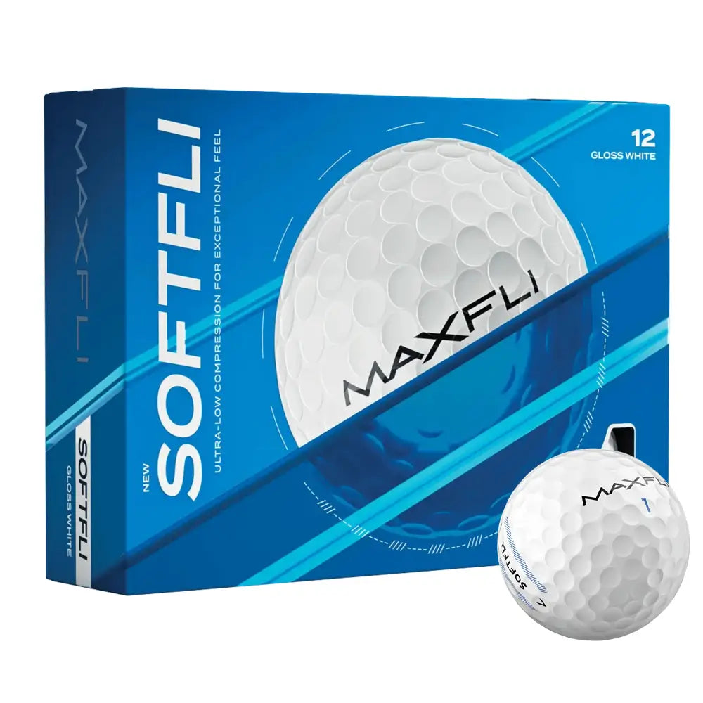 Maxfli golf ball packaging with a single golf ball in front on a white background