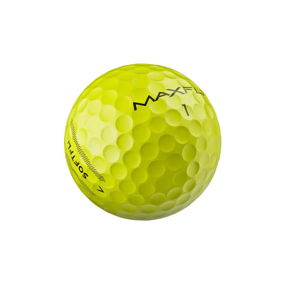 Yellow golf ball with branding on a white background