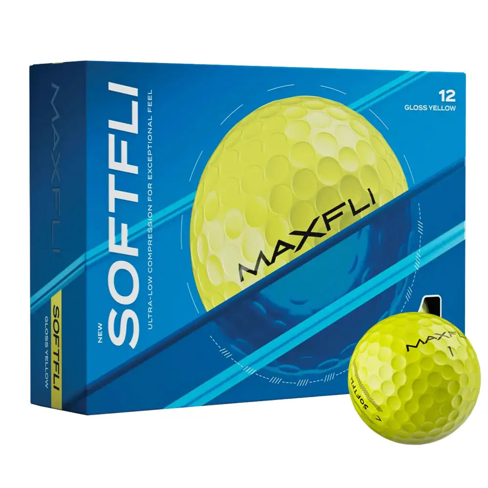 MAXFli golf ball packaging with a yellow golf ball on a white background