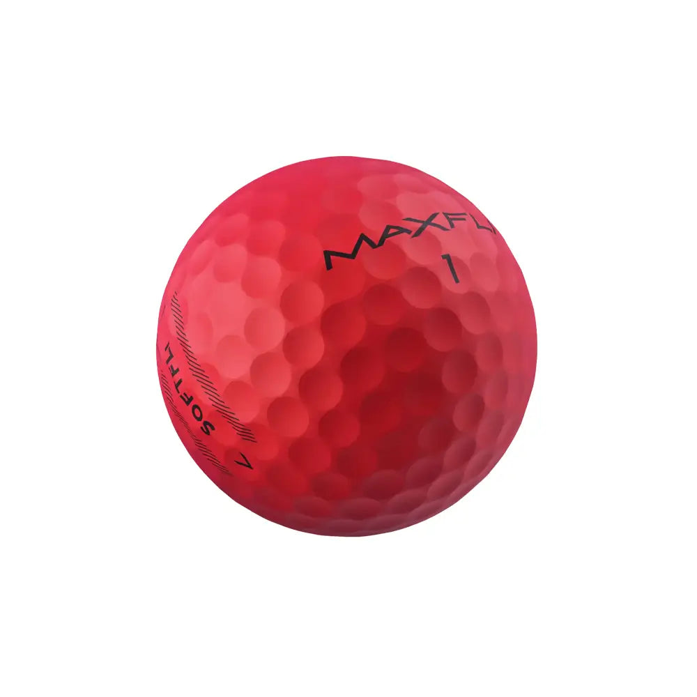 Red golf ball with 'MAXFLI' branding on a white background