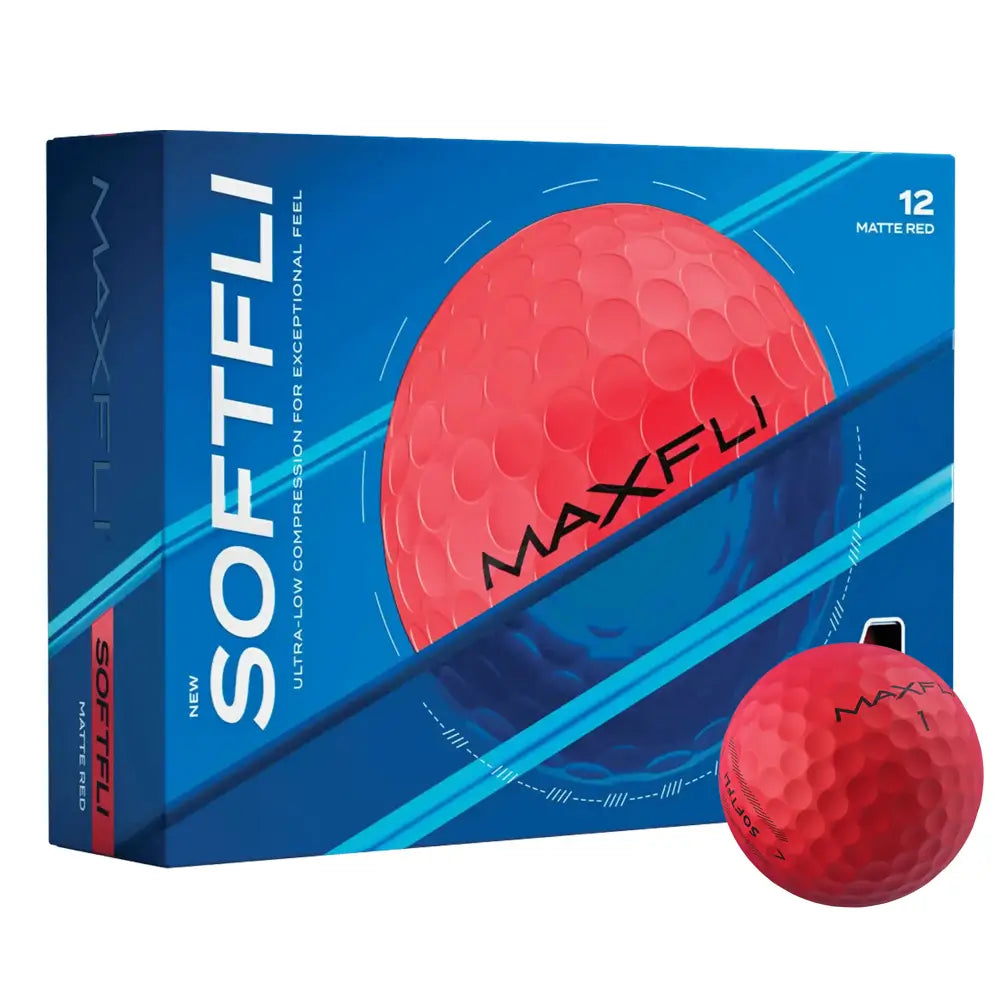 Maxfli SoftFli golf ball packaging with a red golf ball on a white background