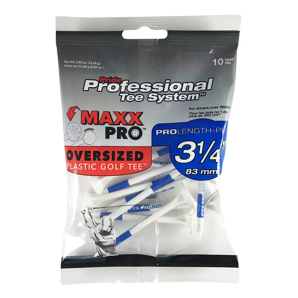 Pack of Maxx Pro oversized plastic golf tees with packaging on a white background