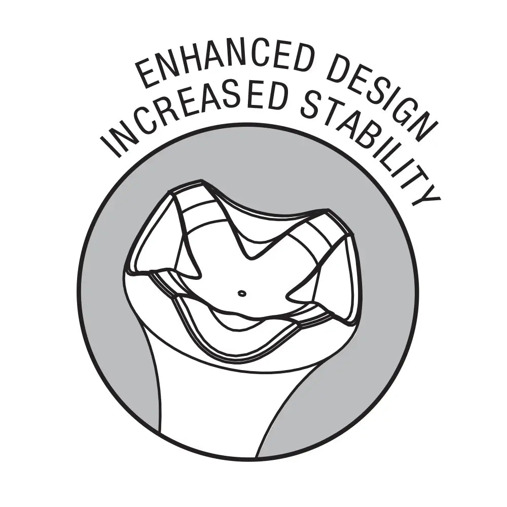 Icon of a golf tee with text 'Enhanced Design' and 'Increased Stability' on a white background