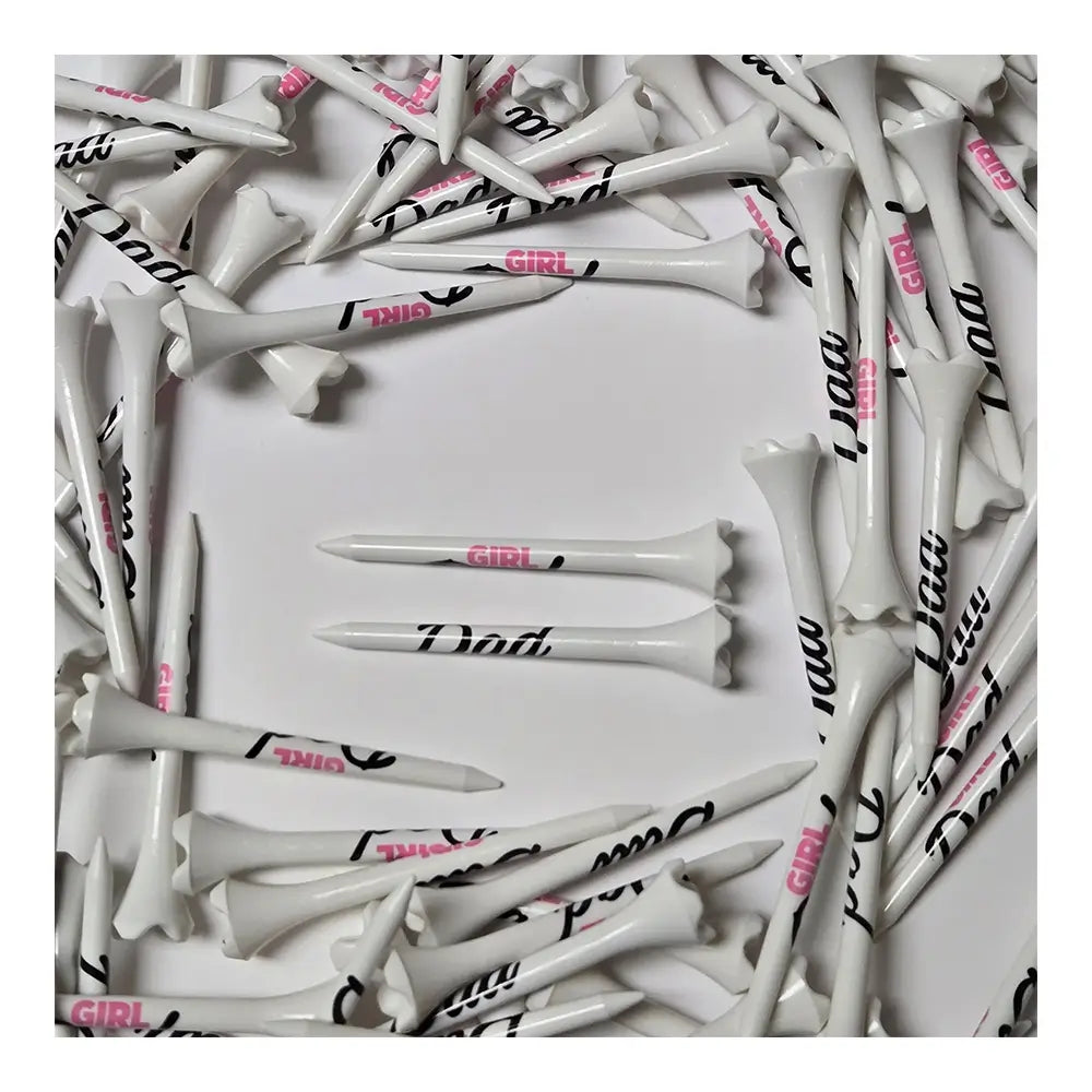 Golf tees with 'Girl Dad' text arranged in a circular pattern on a white background.