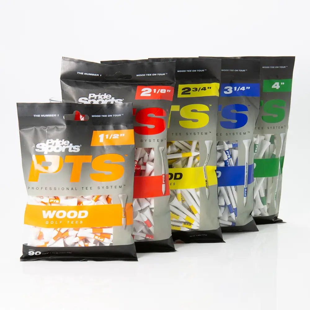 Set of PrideSports PTS golf tee packages on a white background