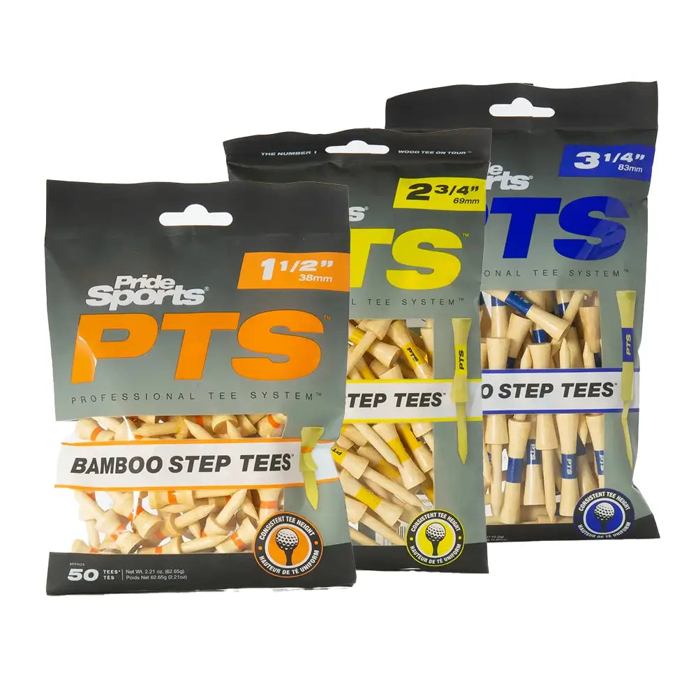 Three packages of PrideSports PTS bamboo step tees on a white background