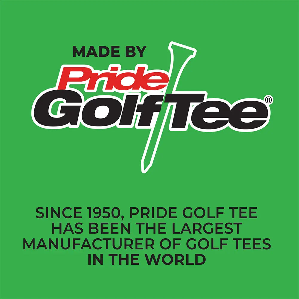 Pride Golf Tee logo on a green background with text about their history.