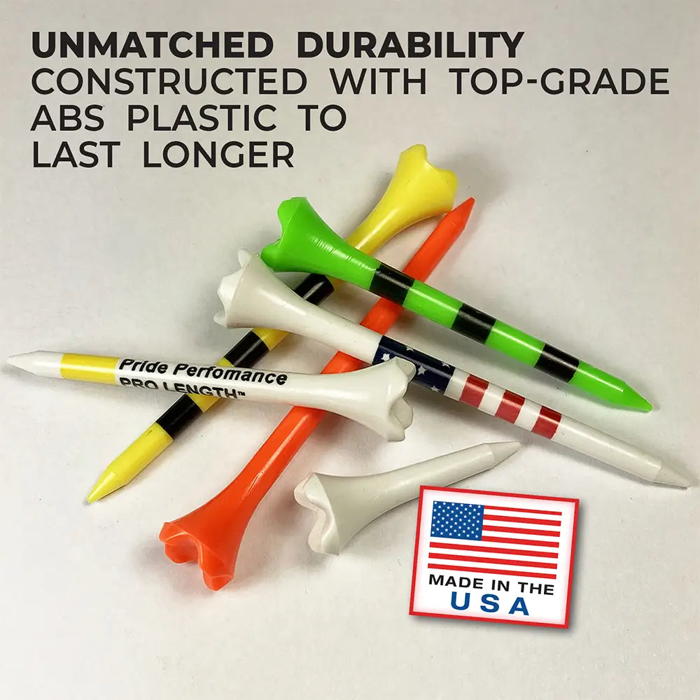 Colorful golf tees with text about durability and made in the USA on a white background