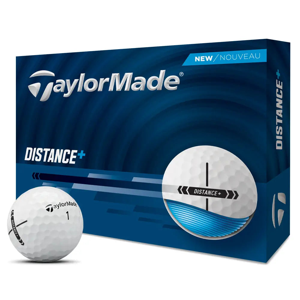 TaylorMade Distance+ golf balls packaging with a blue and white design.