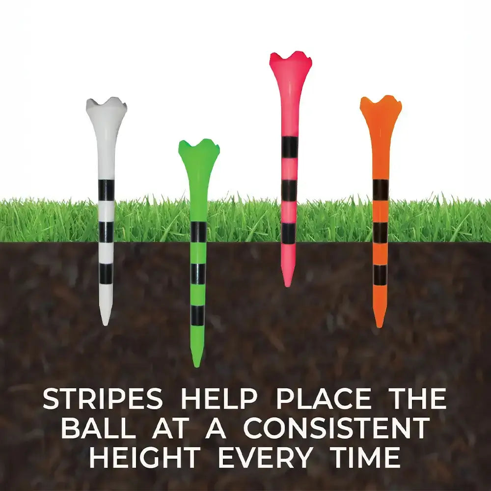 Colorful golf tees with stripes on grass and soil background