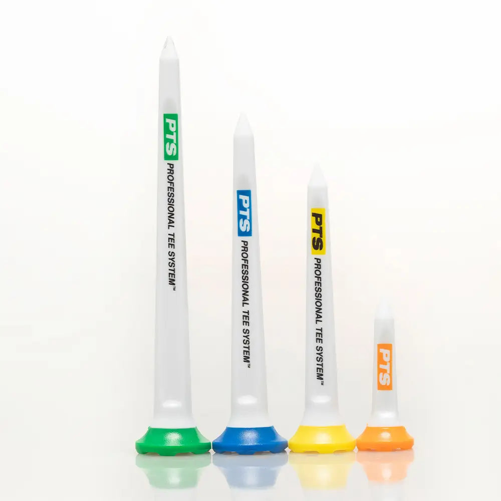 Four PTS golf tees with colored bases on a white background