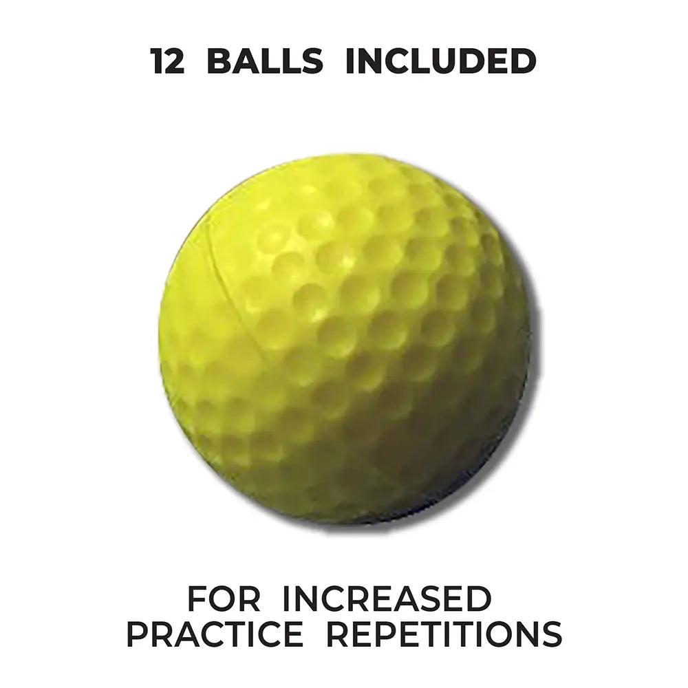 Yellow foam practice golf ball with text indicating '12 balls included' for 'increased practice repetitions' on a white background